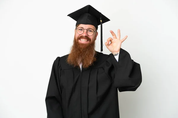 Young University Graduate Reddish Man Isolated White Background Showing Sign — Stock Fotó