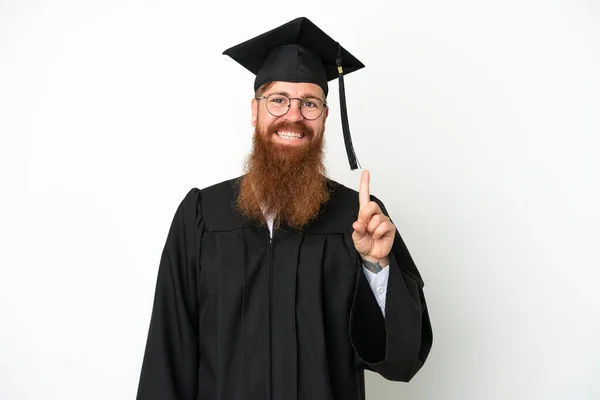 Young University Graduate Reddish Man Isolated White Background Showing Lifting — Stock Fotó