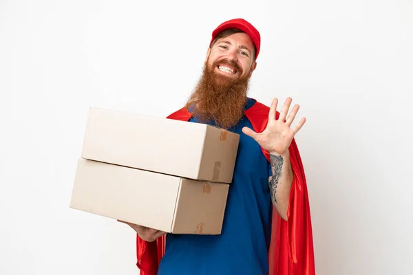 Super Hero Delivery Reddish Man Isolated White Background Counting Five — 图库照片