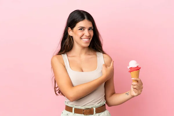 Young Caucasian Woman Cornet Ice Cream Isolated Pink Background Pointing — Stock Photo, Image