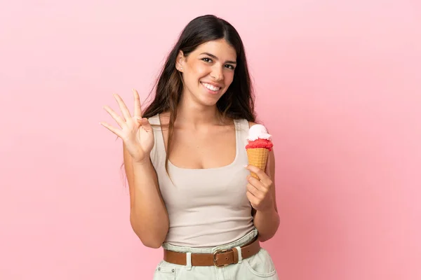 Young Caucasian Woman Cornet Ice Cream Isolated Pink Background Happy — Foto Stock