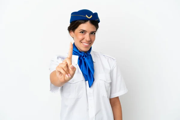 Stewardessa Samolot Kaukaska Kobieta Izolowane Białym Tle Pokazując Podnosząc Palec — Zdjęcie stockowe