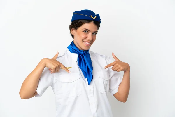 Airplane Stewardess Caucasian Woman Isolated White Background Proud Self Satisfied — Zdjęcie stockowe