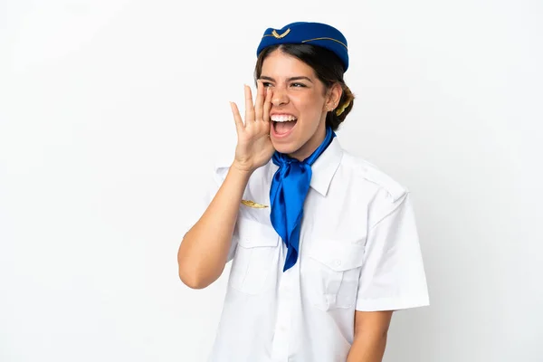 Airplane Stewardess Caucasian Woman Isolated White Background Shouting Mouth Wide — Zdjęcie stockowe