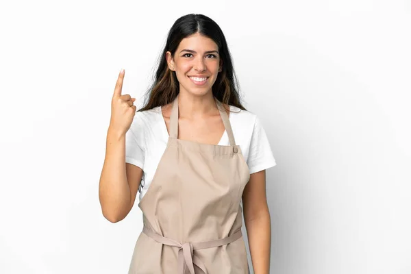 Restaurant Waiter Isolated White Background Pointing Index Finger Great Idea — Stock Photo, Image