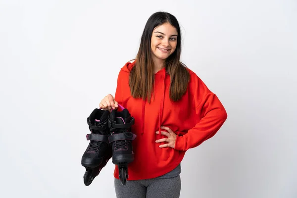 Young Skater Woman Isolated White Background Posing Arms Hip Smiling — Stockfoto