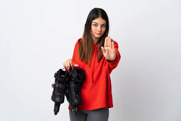 Young Skater Woman Isolated White Background Making Stop Gesture — Foto Stock