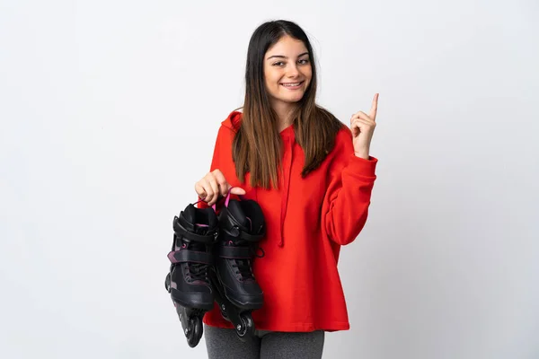 Mujer Patinadora Joven Aislada Sobre Fondo Blanco Mostrando Levantando Dedo — Foto de Stock