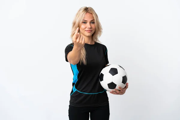 Joven Mujer Rusa Jugando Fútbol Aislado Sobre Fondo Blanco Haciendo —  Fotos de Stock