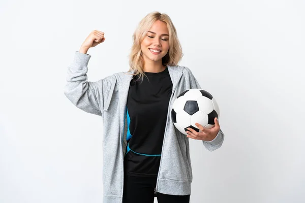 Jovem Mulher Russa Jogando Futebol Isolado Fundo Branco Fazendo Gesto — Fotografia de Stock