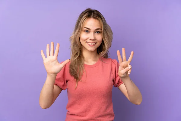 Teenager Russian Girl Isolated Purple Background Counting Eight Fingers — Fotografia de Stock