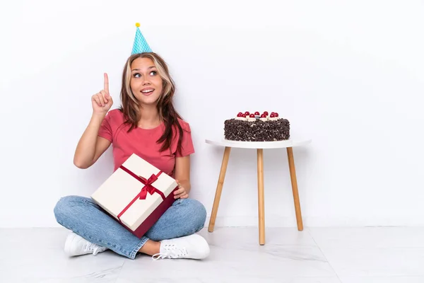 Young Russian Girl Celebrating Birthday Sitting One Floor Isolated White — Stock Fotó