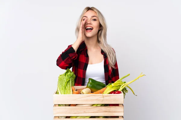 Farmer Girl Holding Basket Full Fresh Vegetables Isolated White Background — 图库照片