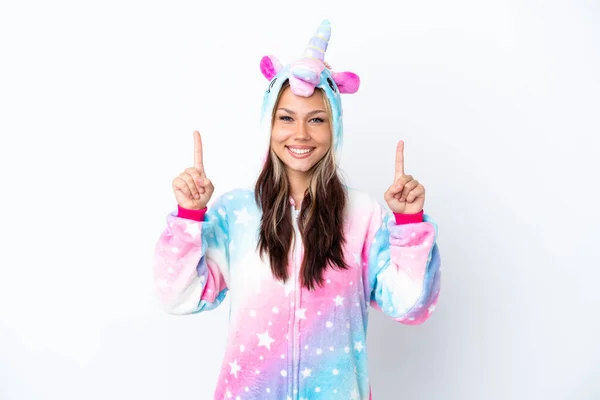 Young Russian Woman Wearing Unicorn Pajama Isolated White Background Pointing — Zdjęcie stockowe