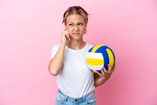 Young Russian Woman Playing Volleyball Isolated Pink Background Frustrated Covering — Zdjęcie stockowe