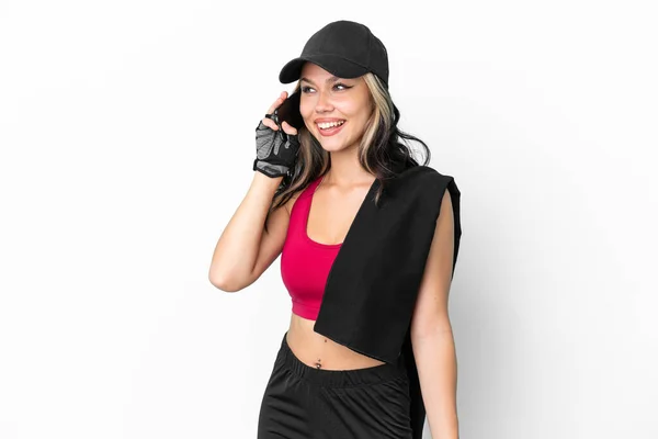 Sport Russian Girl Hat Towel Isolated White Background Keeping Conversation — Stockfoto