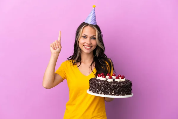 Teenager Russian Girl Holding Birthday Cake Isolated Purple Background Pointing — Fotografia de Stock