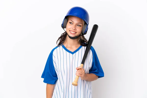 Baseball Russian Girl Player Helmet Bat Isolated White Background Looking — Stock Photo, Image