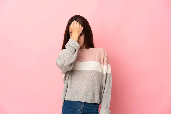 Little Girl Isolated Pink Background Headache — Stock Photo, Image