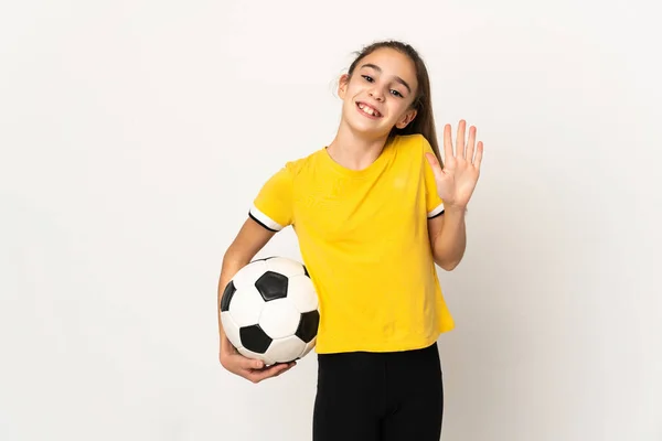 Pequena Menina Jogador Futebol Isolado Fundo Branco Saudando Com Mão — Fotografia de Stock
