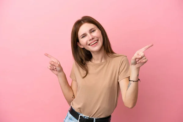 Fiatal Angol Elszigetelt Rózsaszín Háttér Mutató Ujját Laterals Boldog — Stock Fotó