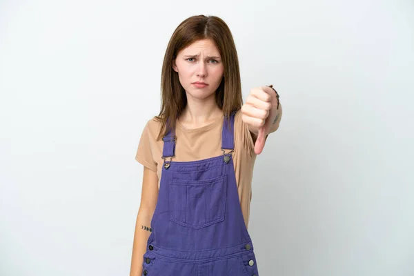 Mujer Inglesa Joven Aislada Sobre Fondo Blanco Mostrando Pulgar Hacia — Foto de Stock