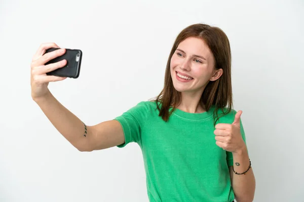 Giovane Donna Inglese Isolata Sfondo Bianco Facendo Selfie Con Telefono — Foto Stock