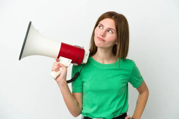 Jong Engels Vrouw Geïsoleerd Witte Achtergrond Met Een Megafoon Denken — Stockfoto