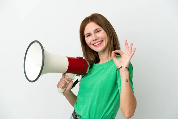 Young English Woman Isolated White Background Holding Megaphone Showing Sign — Stock Photo, Image