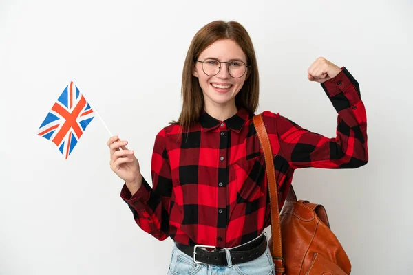 Jovem Segurando Uma Bandeira Reino Unido Isolada Fundo Azul Fazendo — Fotografia de Stock