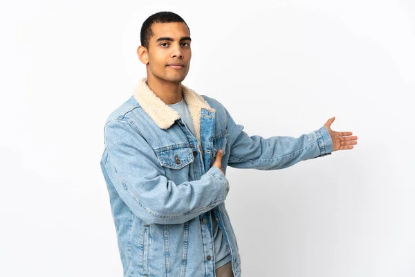 African American Man Isolated White Background Extending Hands Side Inviting — 图库照片