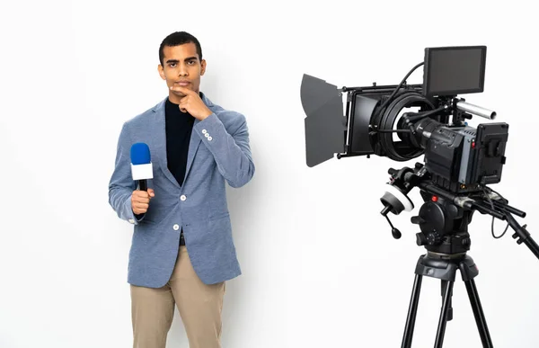 Reporter African American Man Holding Microphone Reporting News Isolated White — ストック写真