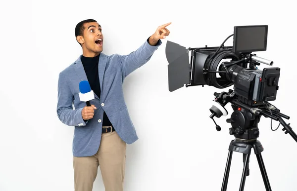 Reporter African American Man Holding Microphone Reporting News Isolated White — 图库照片