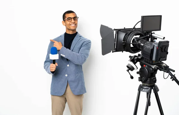 Reporter African American Man Holding Microphone Reporting News Isolated White — 图库照片