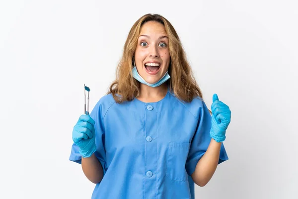 Woman Dentist Holding Tools Isolated White Background Celebrating Victory Winner — Stock fotografie