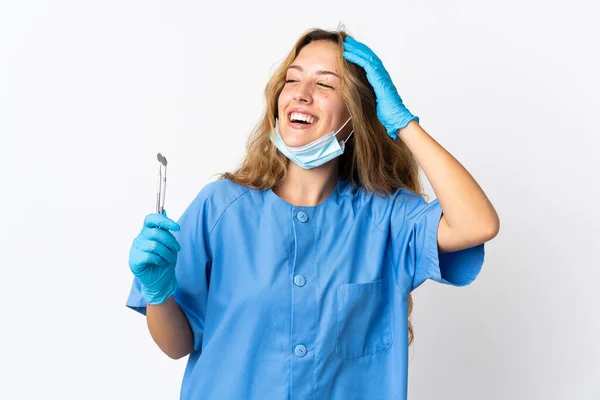 Woman Dentist Holding Tools Isolated White Background Smiling Lot — Stock fotografie