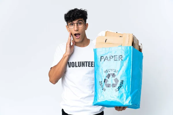 Young Man Holding Recycling Bag Full Paper Surprise Shocked Facial — Foto de Stock