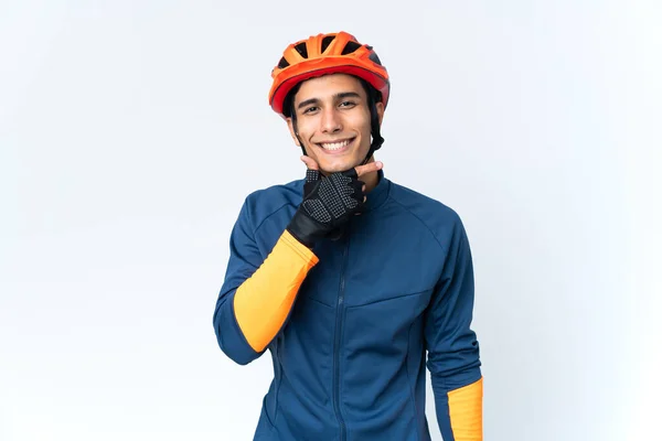 Молодий Велосипедист Ізольований Фоні Щасливий Усміхнений — стокове фото