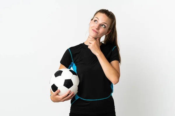 Jonge Voetballer Vrouw Geïsoleerd Witte Achtergrond Zoek Omhoog — Stockfoto