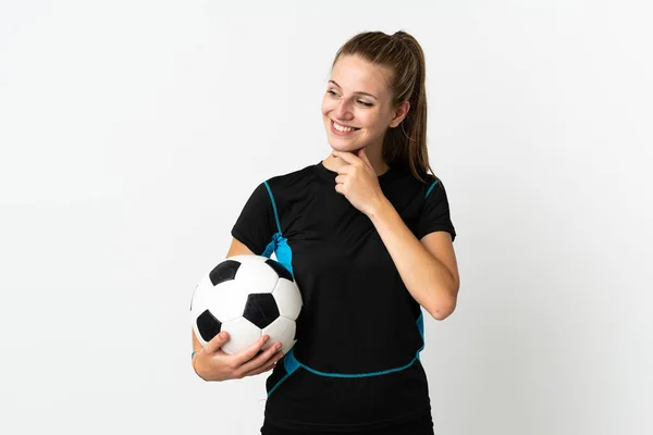 Joven Futbolista Mujer Aislada Sobre Fondo Blanco Mirando Hacia Lado —  Fotos de Stock