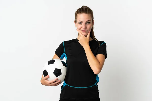 Giovane Giocatore Calcio Donna Isolato Sfondo Bianco Pensando — Foto Stock