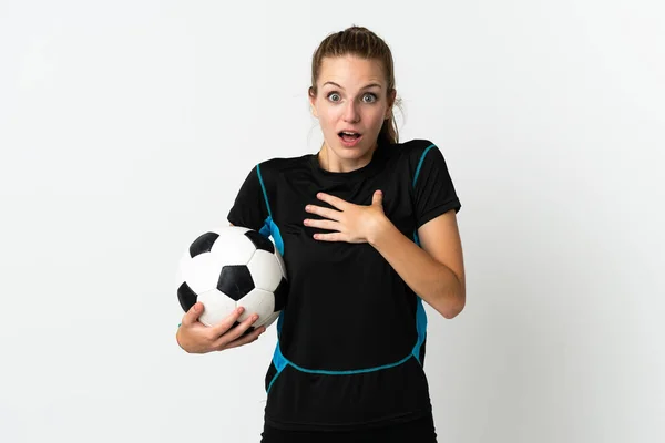 Young Football Player Woman Isolated White Background Surprised Shocked While — Stock Photo, Image