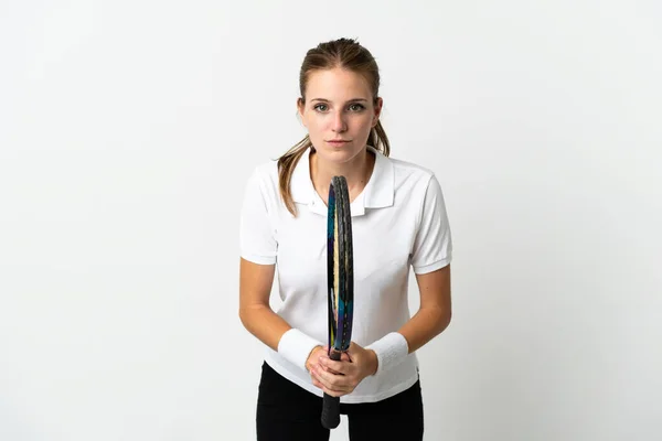 Joven Mujer Caucásica Aislada Sobre Fondo Blanco Jugando Tenis —  Fotos de Stock