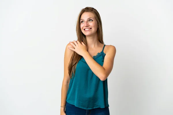 Young Caucasian Woman Isolated Background Looking While Smiling — Stock Photo, Image