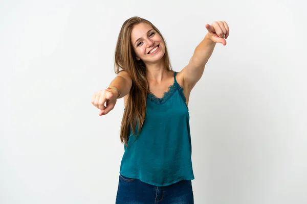 Jeune Femme Caucasienne Sur Fond Isolé Pointant Devant Avec Expression — Photo
