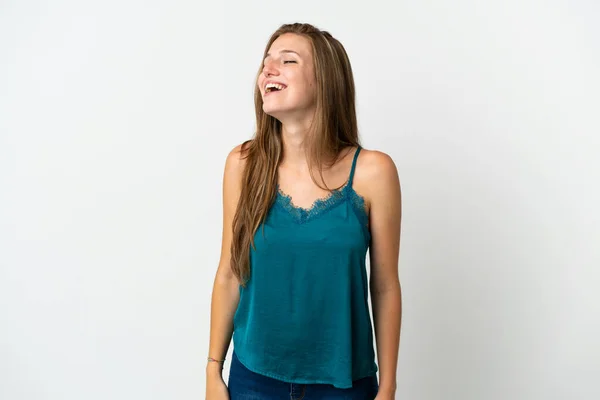 Young Caucasian Woman Isolated Background Laughing Lateral Position — Stock Photo, Image