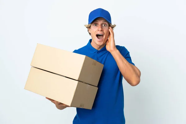 Delivery Man Isolated White Background Surprise Shocked Facial Expression — Stock Photo, Image