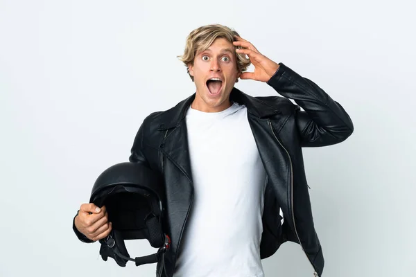English Man Holding Motorcycle Helmet Surprise Expression — ストック写真
