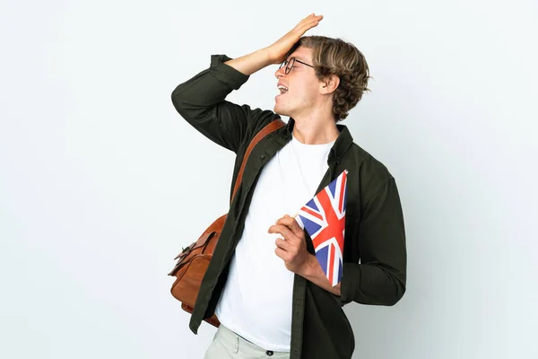 Young English Woman Holding United Kingdom Flag Has Realized Something — Stock fotografie