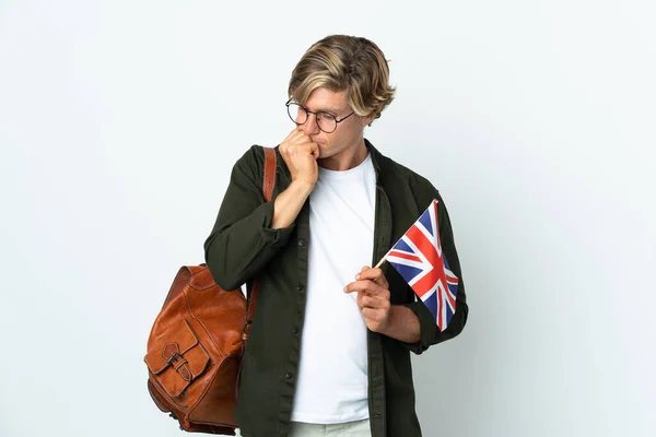 Young English Woman Holding United Kingdom Flag Having Doubts — 스톡 사진